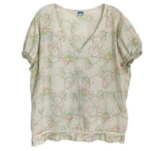 NWOT SUNNY SIDE UP Top XL Linen Floral Shirt Cap Sleeve Crochet Trim Multi